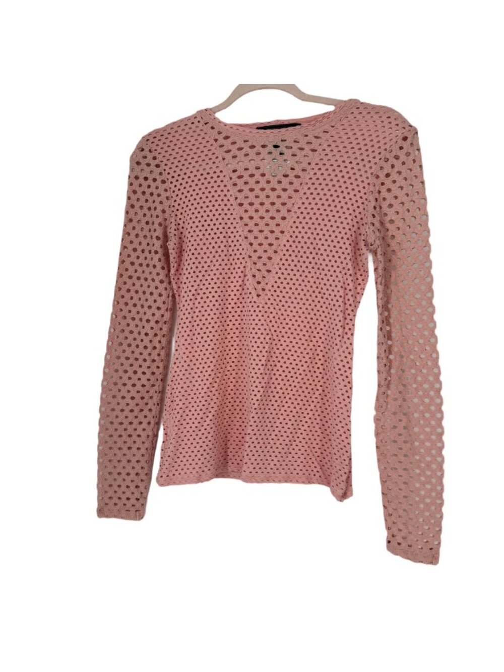 BCBG Max Azria Top Small Pink Perforated Sheer Mesh Long Sleeve Y2K Streetwear